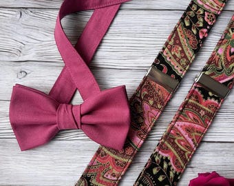Pink Bow Tie with Black Pink Patterned Suspenders | Fashionable Fabric Suspenders for Men and Women | Adjustable Clip-on Suspenders Wedding