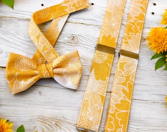 Sunflower Yellow Suspenders & Bow Tie | Yellow Floral Bow Tie Suspenders | Baby Toddler Boy Braces Bow Tie | Yellow Wedding Groomsmen Outfit