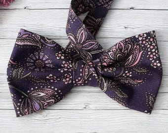Plum Purple Floral Bow Tie Men | Dark Purple Paisley Bow Tie Kids | Wedding, Groom, Groomsmen and Ring Bearer Bow Tie Matching Father Son