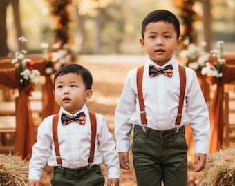 Traje de portador de anillos y paje color naranja quemado / Tirantes color óxido con pajarita floral otoñal / Tirantes rústicos para boda otoñal con pajarita para hombre