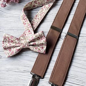 Floral Bow Tie & Brown Suspenders Set | Vintage Wedding Accessories for Boys and Men | Rustic Groomsmen Outfit | Canaza Creations Formalwear