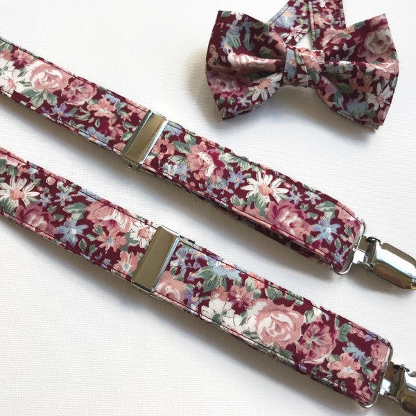 Dusty rose and burgandy floral bow tie maroon floral suspenders, wine floral bow tie boho wedding, boho suspenders floral burgundy bow tie