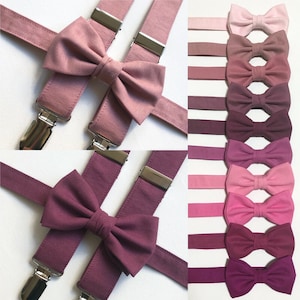 Pink bow tie pink suspenders, mauve bow tie mauve suspenders, berry bow tie berry suspenders, berry pink wedding bow ties men suspenders kid