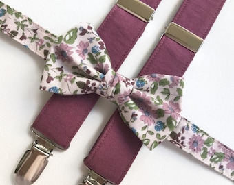 Floral bow tie boysenberry suspenders for men, rustic bow tie floral patterned bow tie rustic wedding, mens floral bow tie groomsmen gift