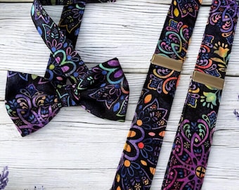 Neon & Black Suspenders and Bow Tie Set | Rainbow Floral Men's Accessories | Colourful Paisley Outfit | Retro Party Funky Formal Wear Kids