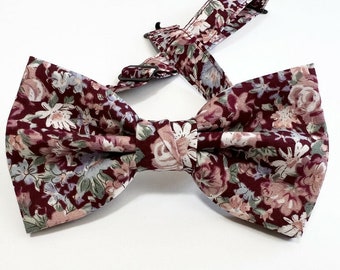 Floral burgundy bow tie men, burgundy floral bow tie kids, pre tied bow tie men, groomsmen bow tie burgundy, maroon floral bow tie pageboy