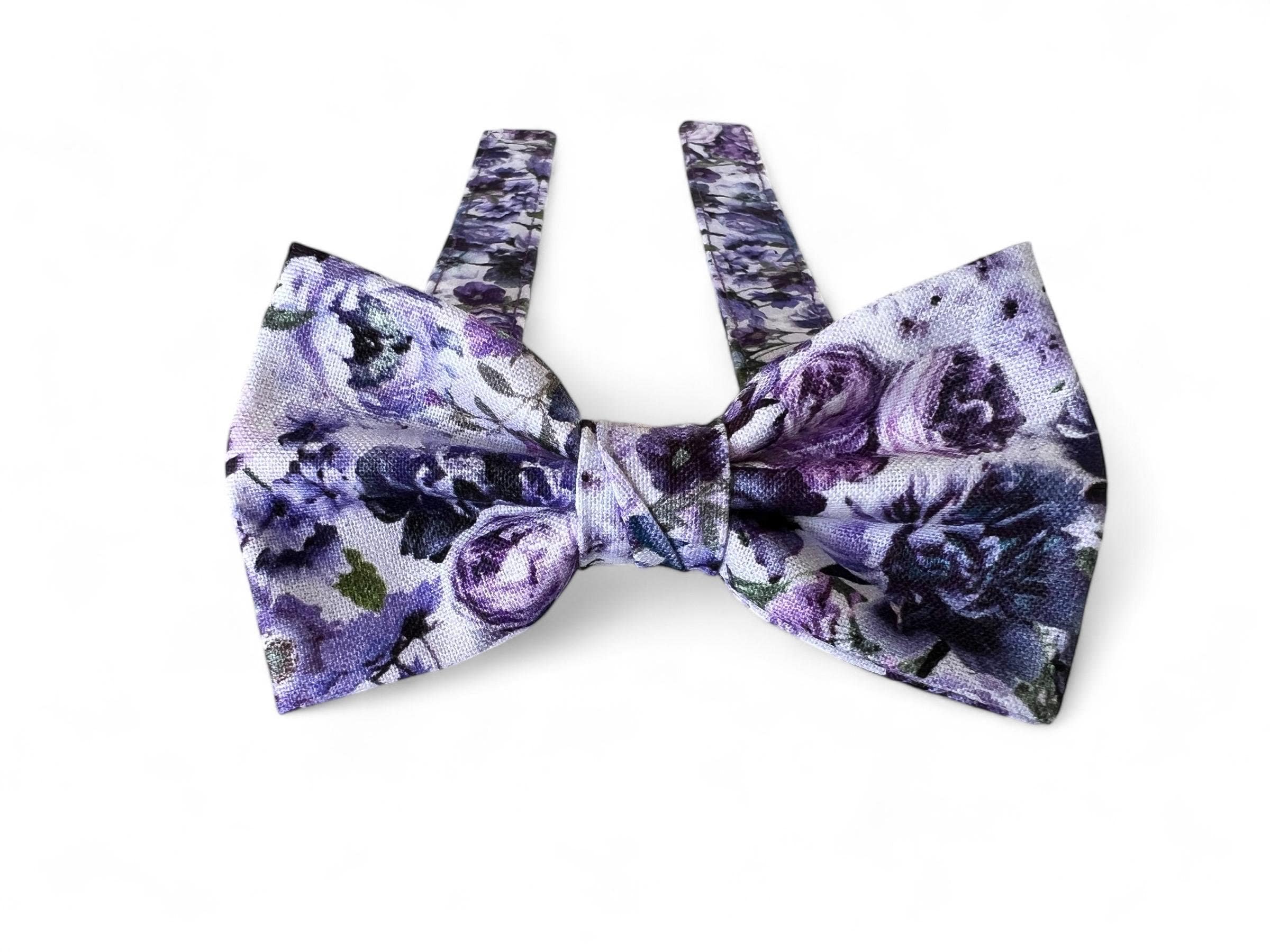 Purple floral bow tie for wedding, handmade adjustable pre tied bow tie groomsmen gift, white purple bow tie floral, lavender bow tie men