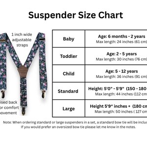 Puede incluir: Una tabla de tallas de tirantes. La tabla incluye tallas para beb&eacute;s, ni&ntilde;os peque&ntilde;os, ni&ntilde;os, est&aacute;ndar y grandes. Los tirantes de la imagen tienen un estampado floral sobre un fondo oscuro, con correas ajustables de 2,5 cm de ancho y una correa trasera el&aacute;stica.