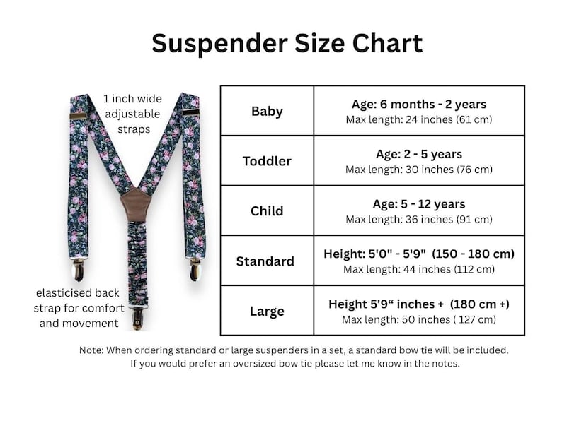 Puede incluir: Una tabla de tallas de tirantes. La tabla incluye tallas para beb&eacute;s, ni&ntilde;os peque&ntilde;os, ni&ntilde;os, est&aacute;ndar y grandes. Los tirantes de la imagen tienen un estampado floral sobre un fondo oscuro, con correas ajustables de 2,5 cm de ancho y una correa trasera el&aacute;stica.