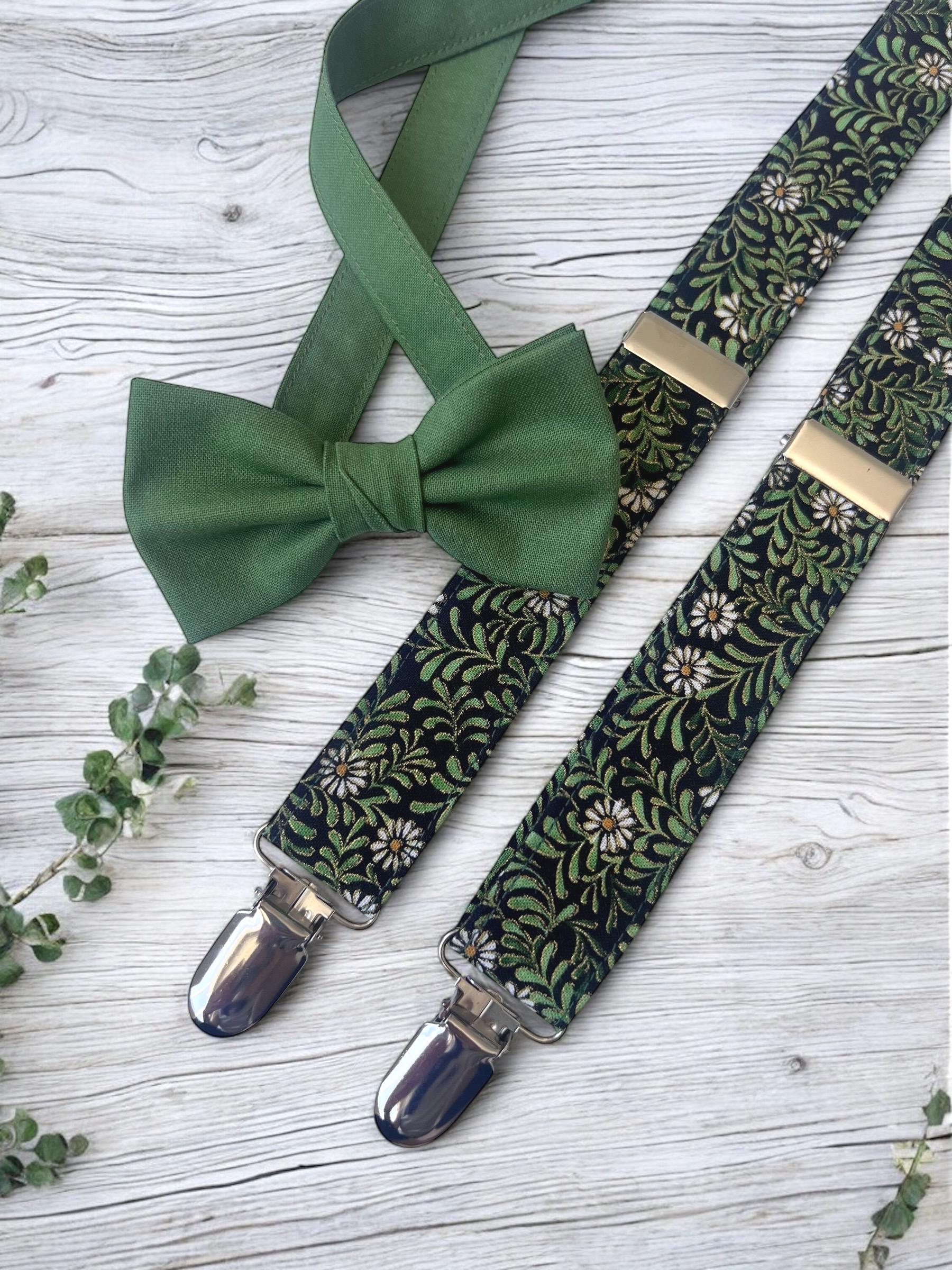 Green floral suspenders & Olive bow tie, botanical suspenders handmade, rustic woodlands wedding accessories, Olive suspenders bow tie set