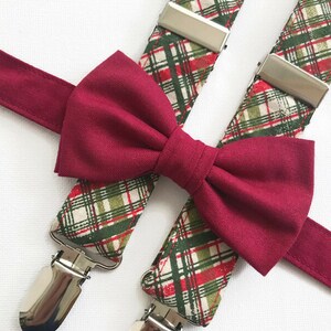 Christmas plaid suspenders red bow tie boys, Christmas outfit for Christmas party, kids bow tie Christmas gift, Christmas bow tie toddler