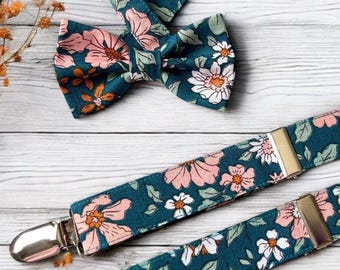 Teal Floral Bow Tie & Suspenders | Boys Suspenders Outfit | Rustic Wedding Outfit Groomsmen | Toddler Suspenders Ring Bearer Bow Tie Braces