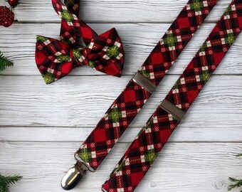 Pajarita y tirantes a cuadros rojos, conjunto de pajarita y tirantes a cuadros rojos, verdes y negros, tirantes navideños para niños pequeños, conjunto de pajarita navideña para niños