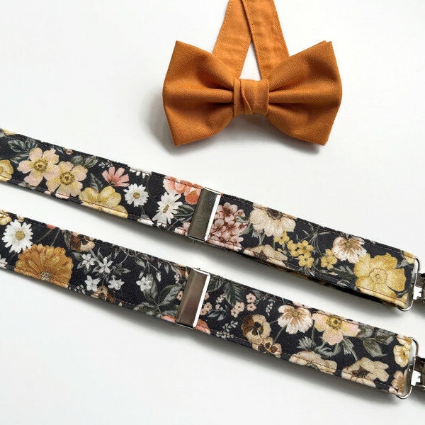 Mustard bow tie & floral suspenders, mustard floral suspenders bow tie, floral mustard braces groomsmen gift, mustard wedding ideas groom