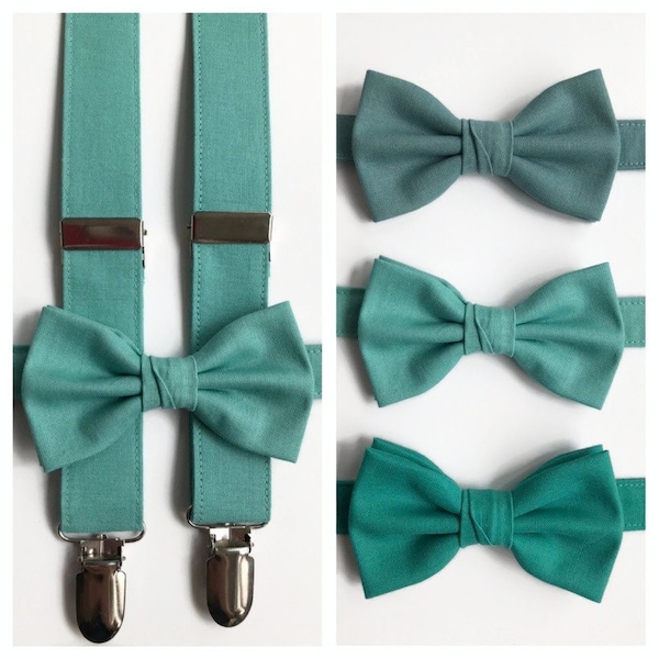 Sea glass bow tie sea glass suspenders, sea glass wedding bow tie kids pre tied bow tie suspenders, aqua bow tie aqua suspenders groomsmen