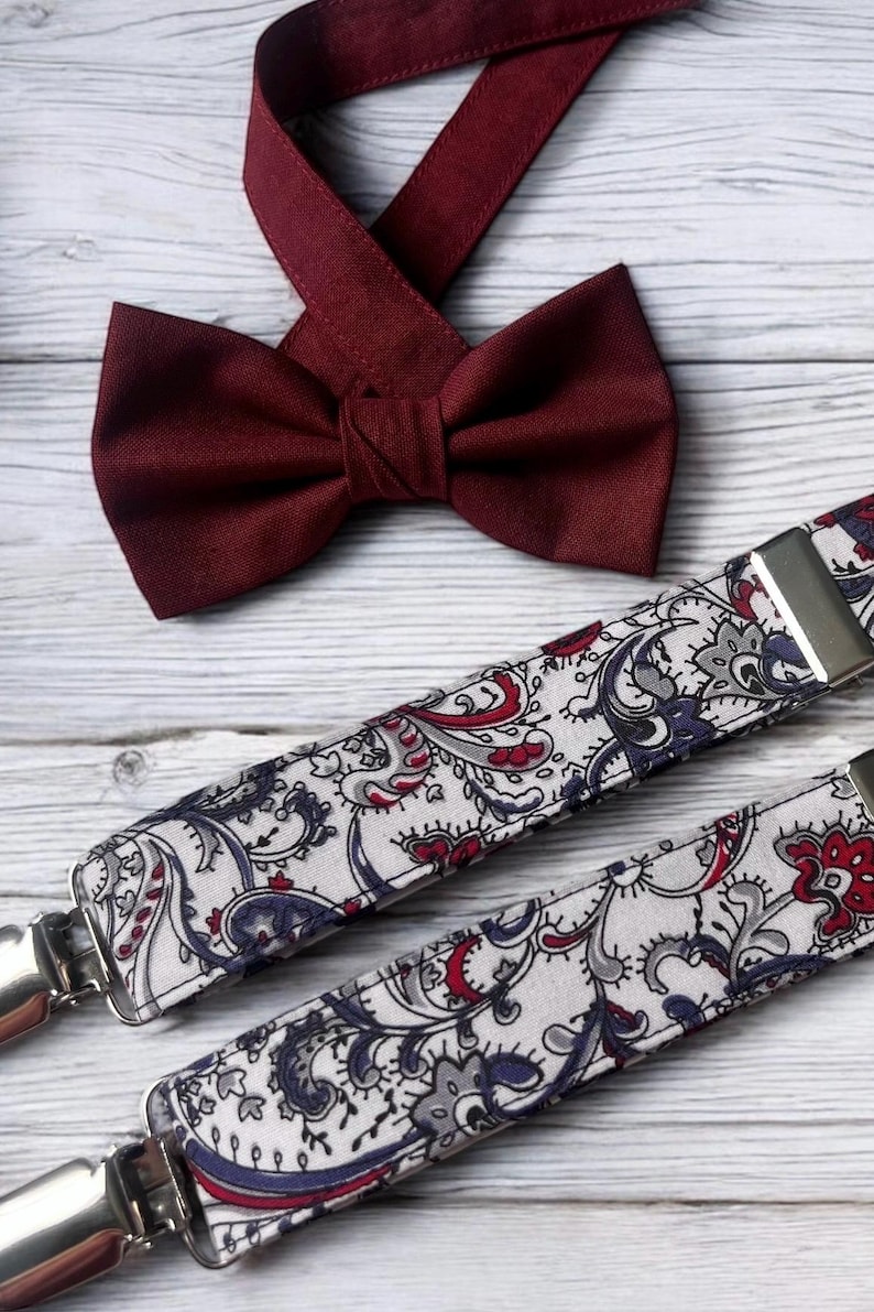 Burgundy Groom Bow Tie & Suspenders | Burgundy Wedding Outfit Groomsmen | Rustic Wedding Burgundy | Maroon Ring Bearer Bow Tie Suspenders image 5