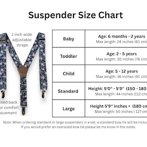 May include: Floral suspenders with 1-inch wide adjustable straps and an elasticized back strap. The image includes a size chart for babies, toddlers, children, standard, and large sizes, with measurements in inches and centimeters.