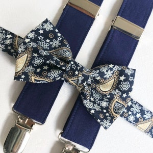 Paisley bow tie navy suspenders groomsmen, Navy bow tie men, navy patterned bow tie suspenders, navy paisley bow tie wedding navy braces men