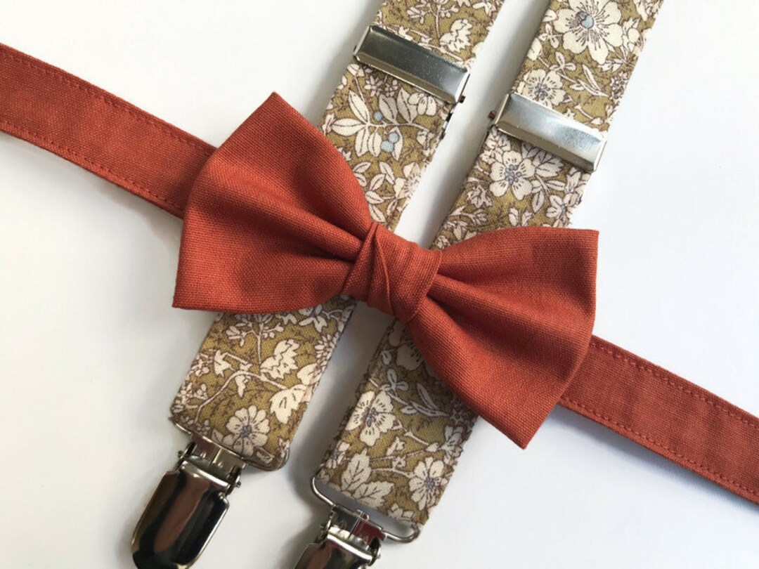 Burnt Orange Bow Tie Gold Suspenders Men, Rust Gold Bow Tie Suspenders
