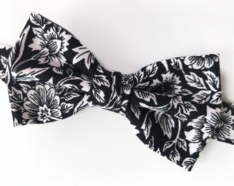 Black & white floral bow tie, black and white bow tie floral, mens bow tie monochrome, white and black bow tie men, black white floral tie