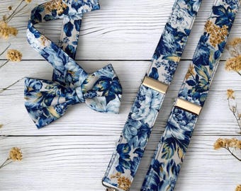 Blue Floral Suspenders & Bow Tie Set | Rustic Country Wedding Suspenders for Kids and Adults | Wedding Accessories for Groom, Ring Bearer