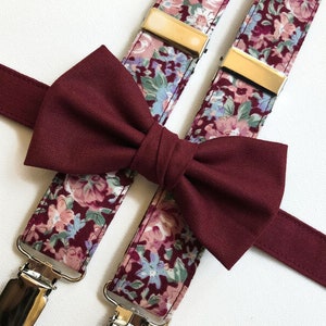 Wine bow tie floral suspenders, red floral suspenders bow tie maroon wedding rustic suspenders floral wine, vintage wedding wine and pink