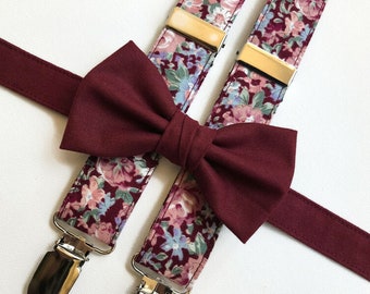 Wine bow tie floral suspenders, red floral suspenders bow tie maroon wedding rustic suspenders floral wine, vintage wedding wine and pink