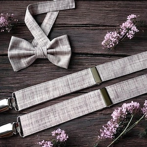 Grey Bow Tie & Suspenders Set | Grey Suspenders for Men | Textured Silver Suspenders Wedding | Gray Braces for Ring Bearer, Groom, Groomsmen