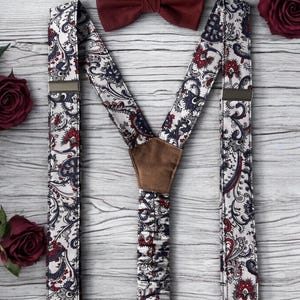 Burgundy Groom Bow Tie & Suspenders | Burgundy Wedding Outfit Groomsmen | Rustic Wedding Burgundy | Maroon Ring Bearer Bow Tie Suspenders image 4