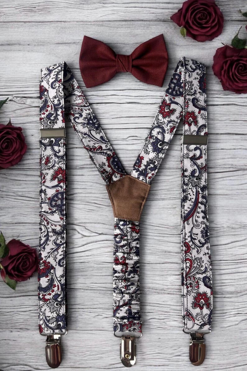 Burgundy Groom Bow Tie & Suspenders | Burgundy Wedding Outfit Groomsmen | Rustic Wedding Burgundy | Maroon Ring Bearer Bow Tie Suspenders image 4