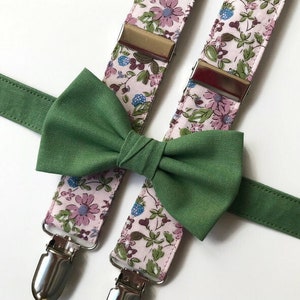 Olive and blush pink floral bow tie and suspenders, sage and blush pink bow tie suspender set, groomsmen suspenders floral, bow tie groom