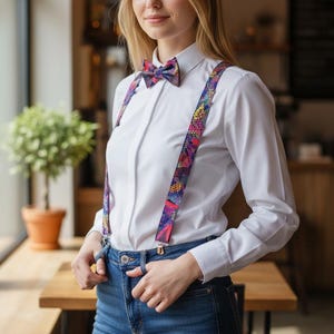 May include: A white shirt, blue jeans, and a patterned bow tie and suspenders. The bow tie and braces have a colourful floral design with pink, purple, and yellow accents. The outfit is suitable for formal or casual wear.