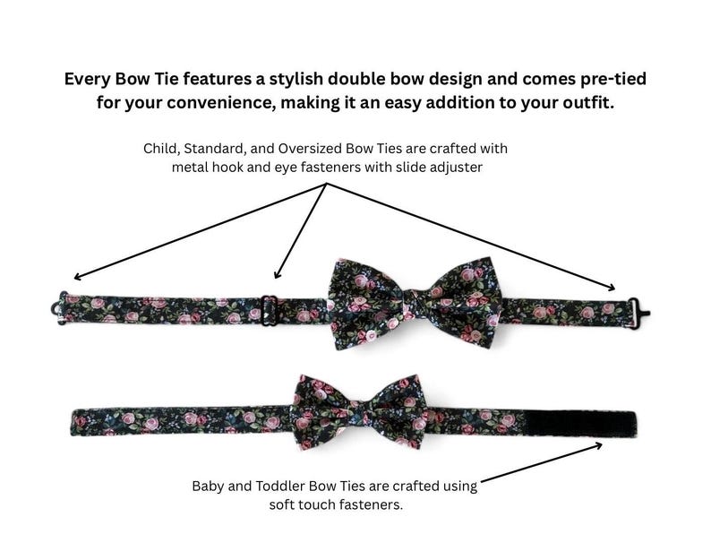 Puede incluir: Dos pajaritas preatadas con un estampado floral en negro, rosa y verde. El texto dice: "Cada pajarita presenta un elegante dise&ntilde;o de doble lazo y viene preatada para tu comodidad, lo que la convierte en una adici&oacute;n f&aacute;cil a tu atuendo."