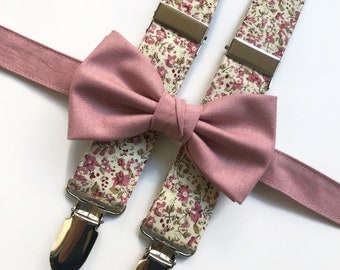 Dusty rose bow tie rose floral suspenders, mens suspenders rustic wedding ideas, dusty rose wedding bow tie suspenders pageboy outfit groom