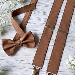 Brown Bow Tie & Suspenders | Adjustable Fabric Suspenders and Bow Tie Set | Tan Accessories for Groom, Groomsmen, Pageboy and Ring Bearer