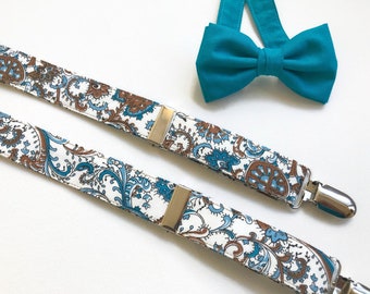 Aqua bow tie patterned suspenders, sapphire bow tie men suspenders, teal bow tie suspenders blue, wedding suspenders bow tie blue white tie