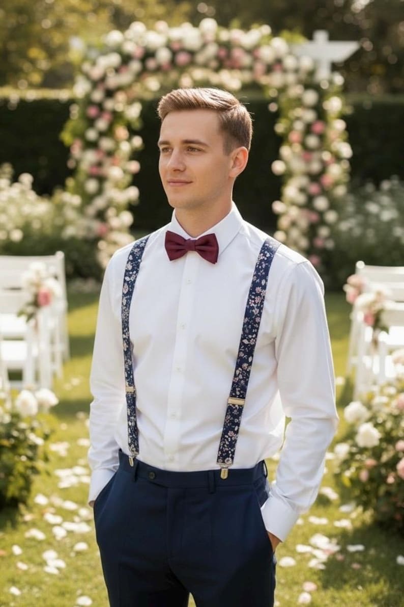 Burgundy Groom Bow Tie & Suspenders | Burgundy Wedding Outfit Groomsmen | Rustic Wedding Burgundy | Maroon Ring Bearer Bow Tie Suspenders image 8