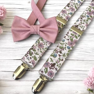 Dusty Rose Bow Tie & Pink Floral Suspender set, Rustic Spring wedding suspenders floral, Handmade suspenders groomsmen dusty rose wedding