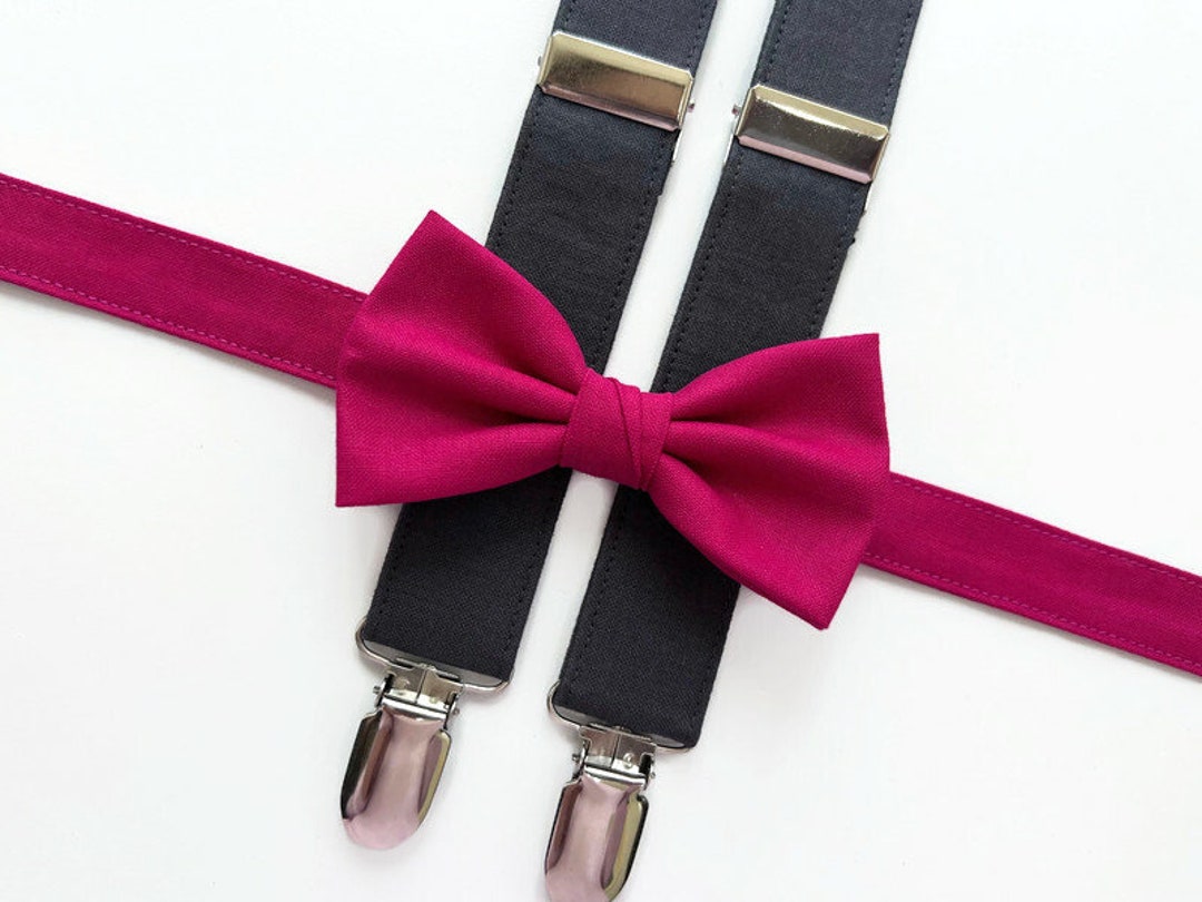 Hot Pink Bow Tie & Charcoal Fabric Suspenders Pre Tied Bow - Etsy
