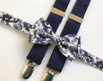 Purple floral bow tie with dark purple suspenders, Mens suspenders purple, Mens purple bow tie, patterned bow tie purple wedding accessories