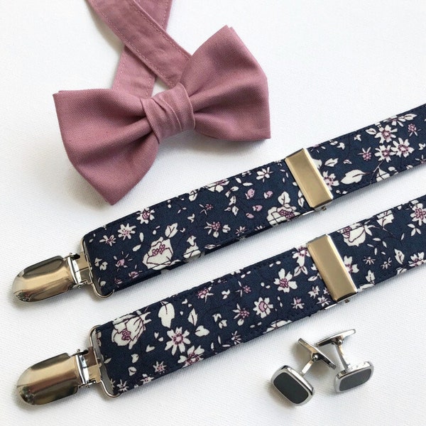 Dusty rose & navy wedding bow tie suspenders, dusty rose bow tie blush navy floral suspenders, rustic wedding bow tie rustic suspenders men