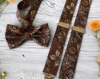 Brown Floral Bow Tie & Suspender Set for Men and Women | Rustic Wedding Outfit | Groomsmen Suspenders Bow Tie | Autumn Floral Suspenders