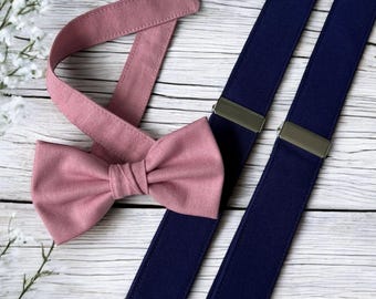 Dusty Rose Bow Tie & Navy Suspenders | Navy and Pink Wedding Accessory Groom, Groomsmen and Ring Bearer | Rustic Wedding Vintage Rose Navy