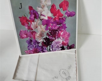 A Single Vintage Handkerchief Embroidered With A Letter J . Gift Boxed.