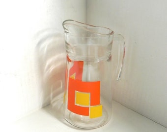 Vintage 1970's Glass Drinks Pitcher With Bold Orange Design