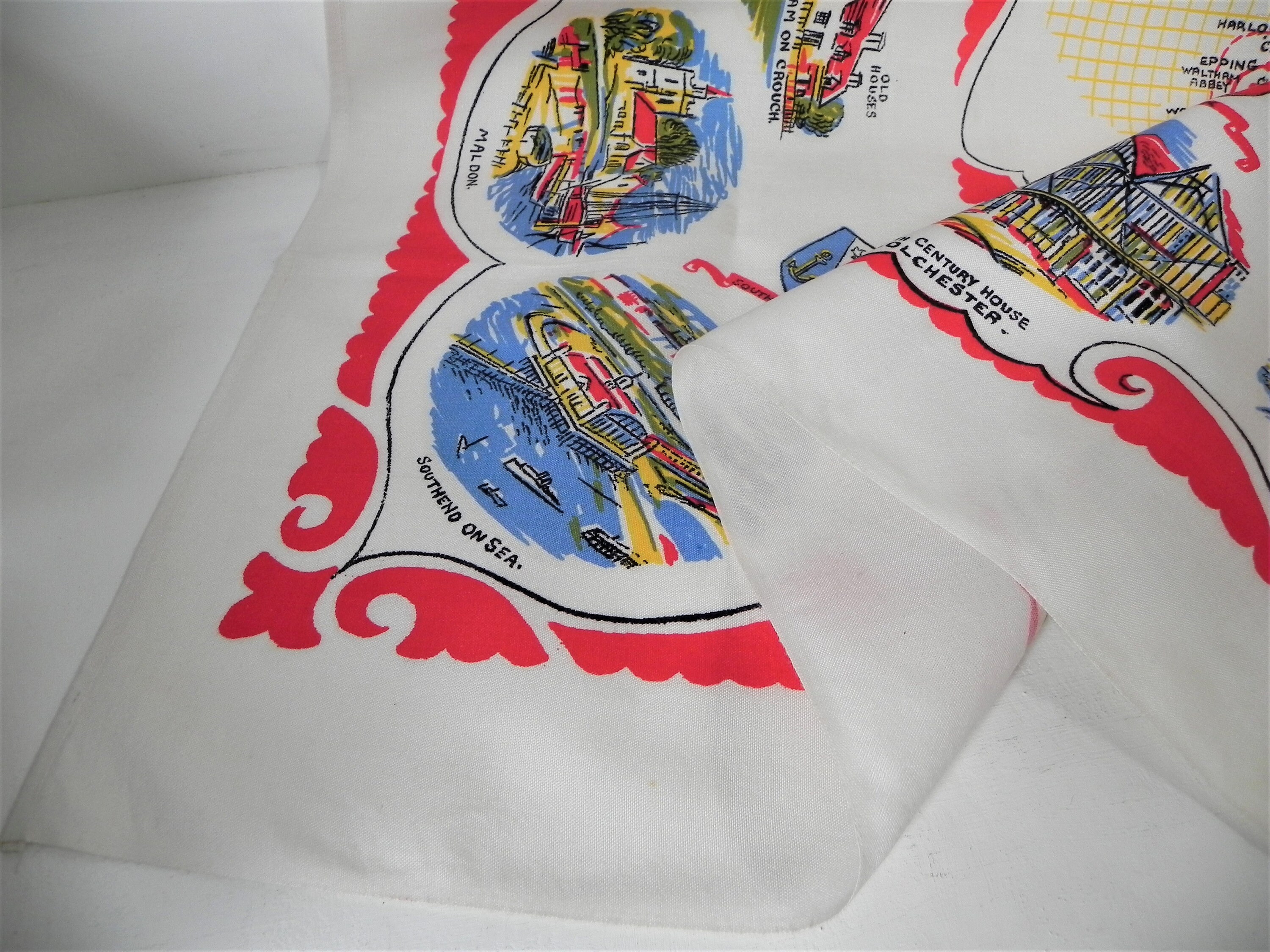 A Vintage Souvenir Table Cloth From East Anglia Showing Scenes From The East Coast Of England