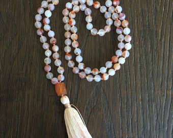 Harmony Mala / Natural Agate Frosted Mala / 108 Mala / Meditation Beads / Tassel Necklace