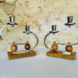 Art Deco, Chrome & Walnut Candleholders, Set of 2, Circa 1930&#39;s