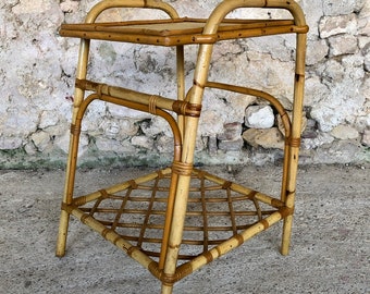 Mid-Century, Bamboo & Rattan Side Table with Magazine Rack, 1960