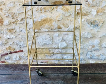 Mid-Century, Vintage, Brass and Glass Side Table with Shelf and Magazine Rack, Circa 60's